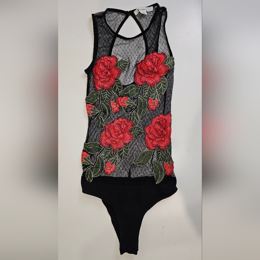 Nylon Apparel Floral Embroidered Mesh Bodysuit Women's Size S